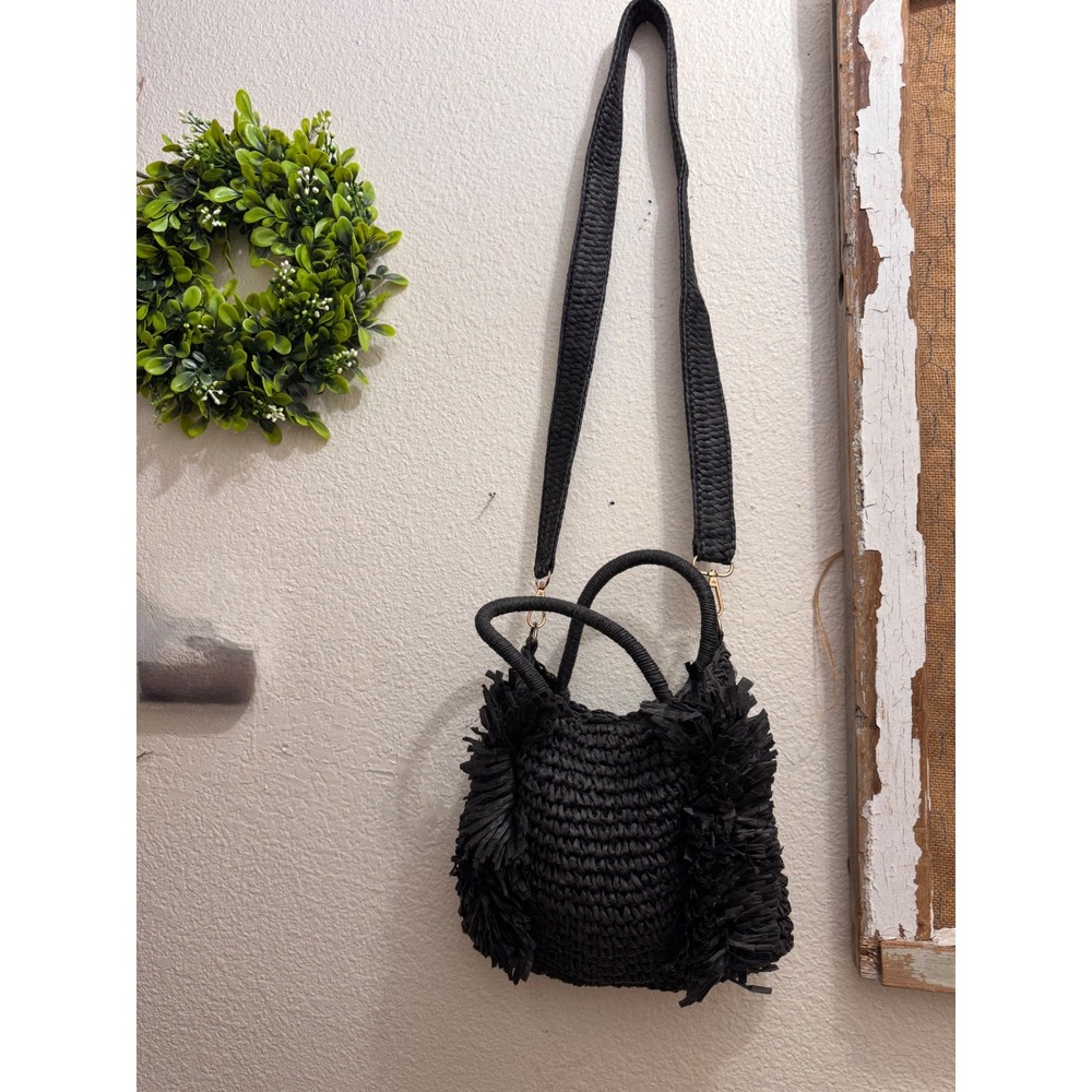 Black Paper Straw Raffia Crossbody Bag Fringe Top Handle Boho Handbag